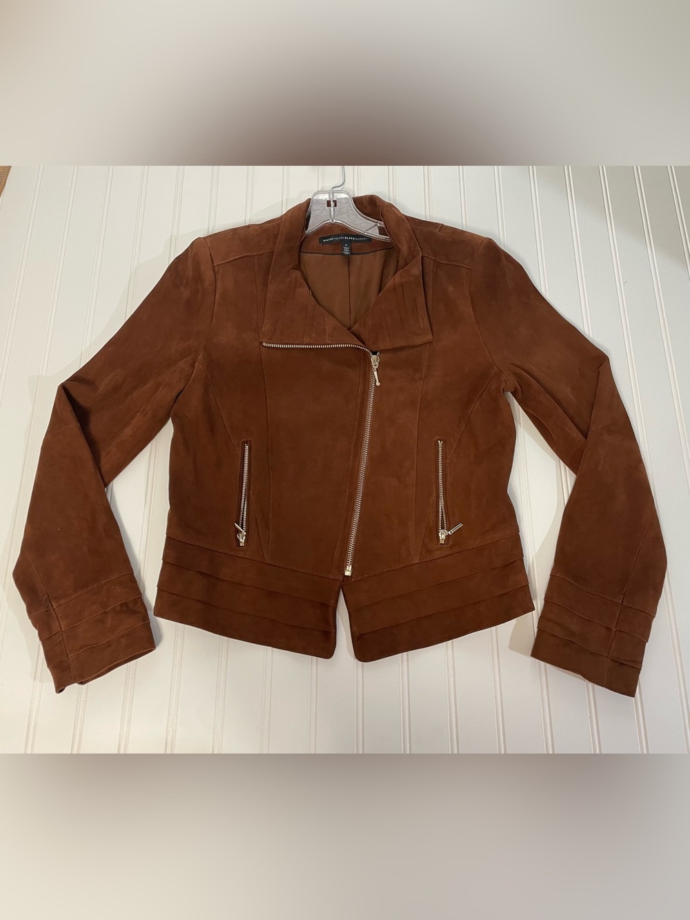 White House Black Market Warm Brown Suede Leather Moto Style Jacket Small